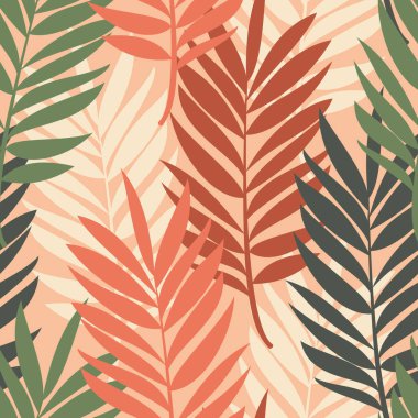 Pembe arka planda bir palmiye ağacının çok renkli dalları. Tekstil, modaya uygun kumaşlar, çarşaf, dekoratif yastıklar, duvar kağıtları, iç tasarım için kusursuz modern desen.