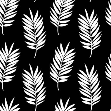 Siyah arka planda bir palmiye ağacının beyaz dalları. Tekstil, modaya uygun kumaşlar, çarşaf, dekoratif yastıklar, duvar kağıtları, iç tasarım için kusursuz modern desen. 