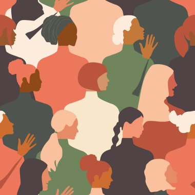 Şık giyinmiş genç ve yaşlı kadınlardan oluşan bir kalabalık. Farklı milletlerden ve dinlerden, kusursuz bir stil örneği. Çizgi film düz tasarım. Kumaşlara, dekoratif yastıklara baskı. 