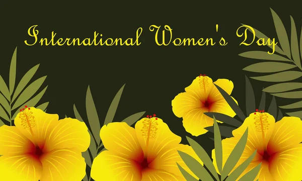 国际妇女日明信片 带有黄色异国花和棕榈绿色热带叶的问候模板 — 图库照片