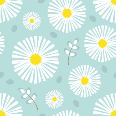 Papatya çiçeği. Mükemmel mavi arka planda güzel çiçekler olan kusursuz bir yaz şablonu. Kumaşlar, tekstil, kağıt, iç tasarım üzerine baskı yapmak için. 