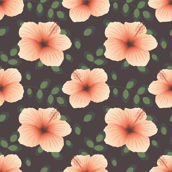 Pink Exotic Hibiscus Seamless Floral Pattern Pastel Colors Dark Background — 图库照片
