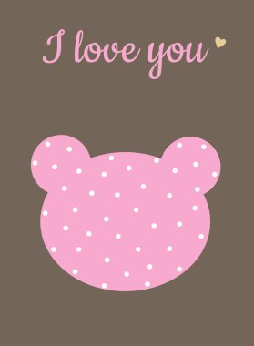 Ayının kafası kahverengi arka planda benekli pembe. Sevgililer günü ve doğum günü için şirin bir tatil kartı. Bardaklar, tekstil, giysiler, planörler üzerine çizimler. Vektör illüstrasyonu.