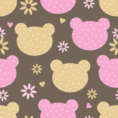 Kahverengi arka planda benekli ayı kafası. Tekstil, giysi, kapak, planör, ambalaj kağıdı için kusursuz desen. Vektör illüstrasyonu.