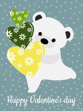 Sevimli kutup ayısı ve çiçekli kalp. Puantiyeli sevgililer günü kartı. Bardaklardaki, yastıklardaki, tekstil, giysilerdeki, tişörtlerdeki moda izleri için şablon. Vektör grafikleri.