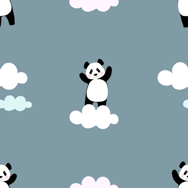 Płynny Wzór Marzycielskimi Pandami Chmurami Błękitnym Niebie Chiński Niedźwiedź Drukowania — Wektor stockowy