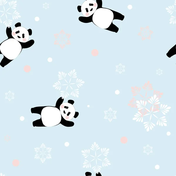 Seamless Pattern Chinese Cute Pandas Snowflakes Blue Background Fashionable Illustration — Stock Vector