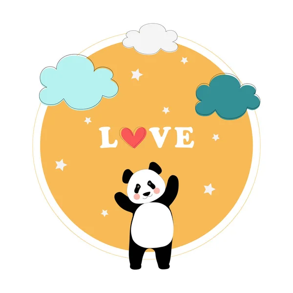 Carino Panda Cinese Cuore Rosso Sullo Sfondo Del Sole Stelle — Vettoriale Stock