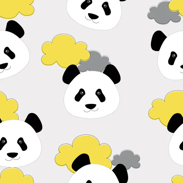 Padrão Sem Costura Com Pandas Nuvens Amarelo Cinza Ilustração Infantil — Vetor de Stock