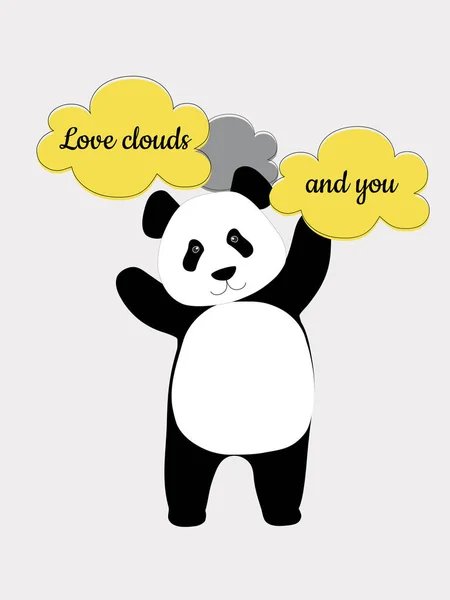 Lindo Panda Chino Nubes Amarillo Grises Para Día San Valentín — Vector de stock