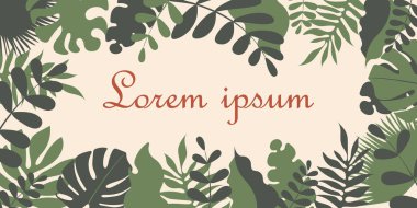 Tropikal yeşil yapraklarla çerçevelenmiş. Kartvizit basma, yastık atma, eko ve organik ürünler. Sunum posteri. Metnin için yer. 