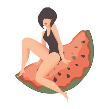 Siyah mayo giymiş, olgun kırmızı bir karpuz diliminde cinsel poz veren güzel, modern bir kadın. Tişörtler için yaz baskısı, dekoratif yastıklar. Sıcak yaz tatilinde meyveli.