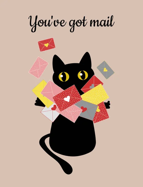 Black Cat Envelope You Have Mail Holiday Card Valentine Day — Stock Vector