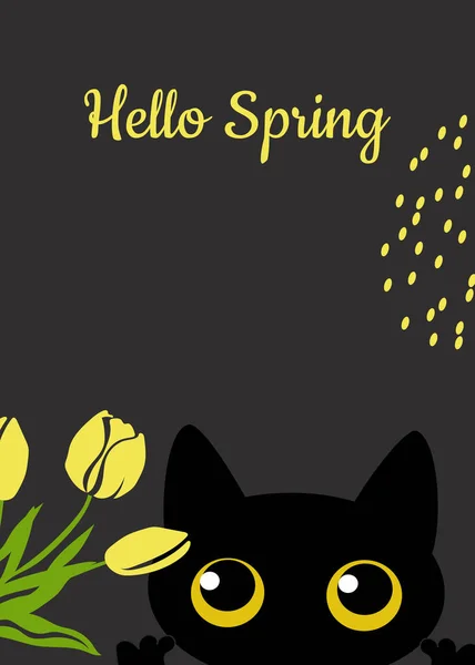 Поздравительная Открытка Черной Милой Кошкой Желтыми Тюльпанами Темно Сером Фоне — стоковый вектор