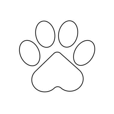 Kedi pençeleri, köpek, köpek. Boyama kitapları, kartpostallar, web siteleri, veteriner klinikleri ve çocuk baskıları için beyaz arka planda izole edilmiş bir hayvanın siyah ayak izi. Vektör grafikleri.
