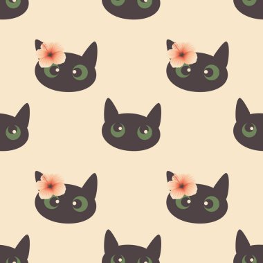 Pastel renklerin pembe arka planında sevimli siyah kedi. Evcil hayvanlarda kusursuz desen. Kumaş baskısı, dekoratif yastıklar. Vektör.