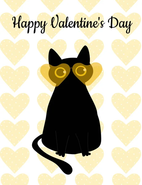 Черная Кошка Желтые Солнцезащитные Очки Горошек Открытка День Святого Валентина — стоковый вектор
