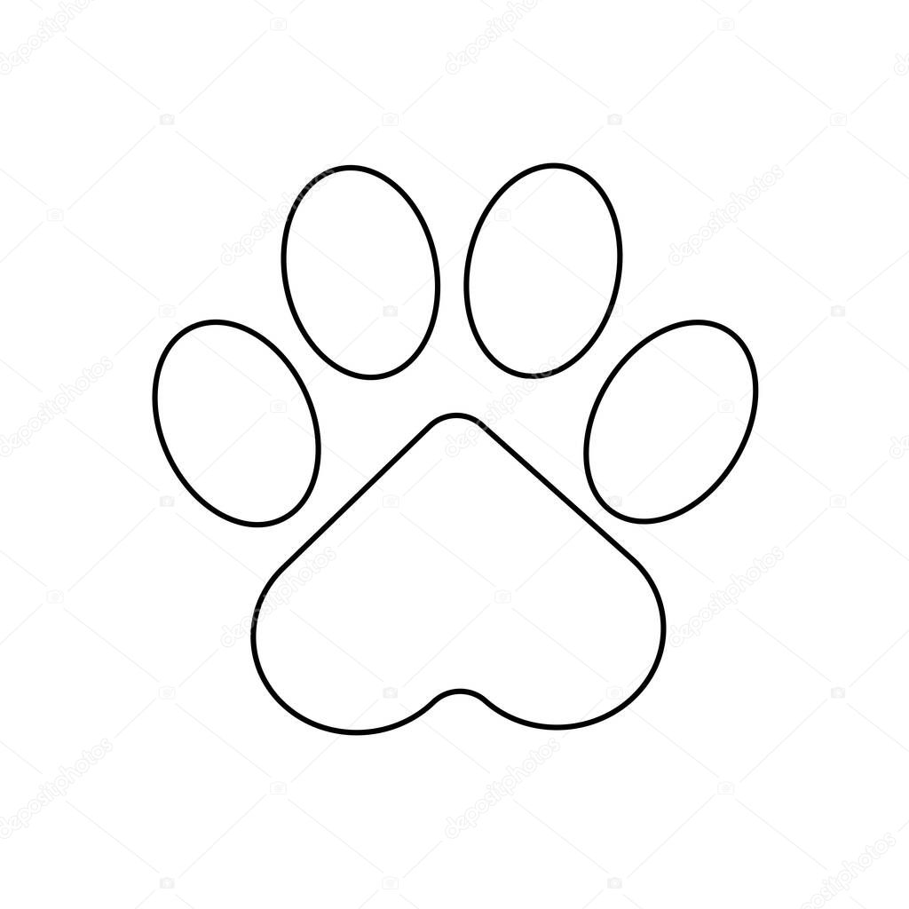 Paws of a cat, dog, puppy. Black footprint of an animal isolated on white background for coloring books, postcards, websites, veterinary clinics, children's prints. Vector graphics.