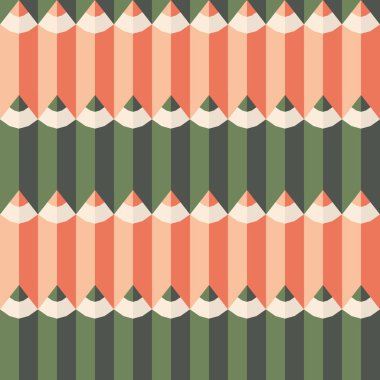 Okula dönelim. Renkli geometrik şekilli renkli kalemlerle renksiz desen, pastel renklerde. Modern kumaşlar, kağıtlar, kapaklar için okul baskısı. 