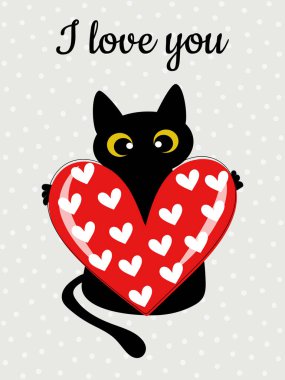 Puantiyeli gri bir arka planda siyah kedi ve kırmızı kalp. Sevgililer Günü için kış tatili kartı. Bardaklar, tekstil, giysiler, planörler üzerine çizimler. Vektör grafikleri.