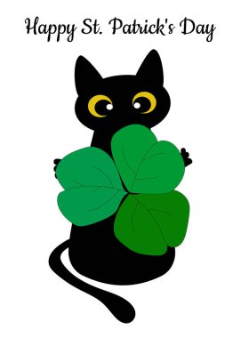 Bir siyah kedi ve pençelerinde yeşil bir yonca, İrlanda 'nın bir sembolü. Aziz Patrick Günü tebrik kartı. Bardak, planör, kumaş izleri. Vektör illüstrasyonu.