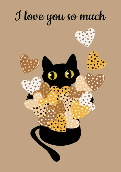 黒猫と心 バレンタインデーカード カップ Tシャツ グライダー カバーにプリントするためのファッショナブルなテンプレート ベクターイラスト — ストックベクタ