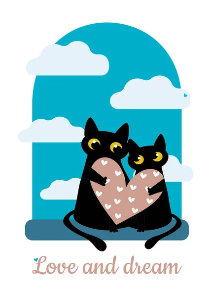 Holiday Card Valentine Day Love Dream Cheerful Enamored Black Cats — Stock vektor