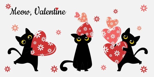 Coeur Chat Fleur Noir Carte Saint Valentin Modèle Pour Les — Image vectorielle