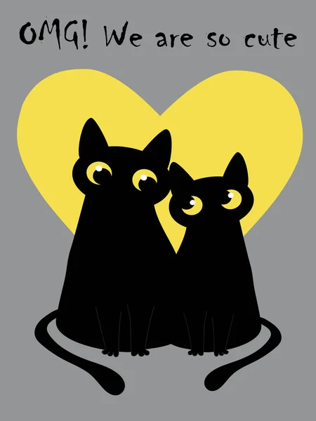 Chat Noir Coeur Jaune Sur Fond Gris Carte Voeux Pour — Image vectorielle