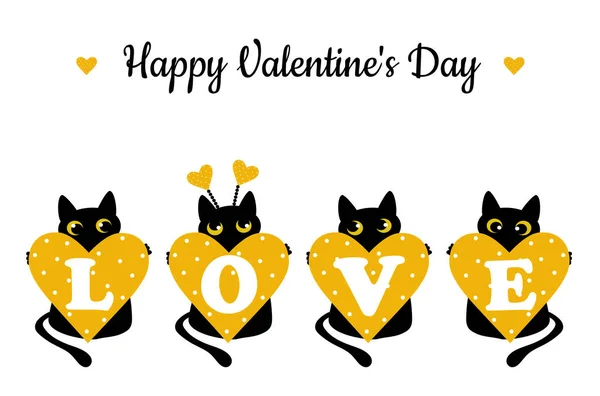 Siyah Kedi Benekli Sarı Bir Kalp Sevgililer Günü Tebrik Kartı — Stok Vektör