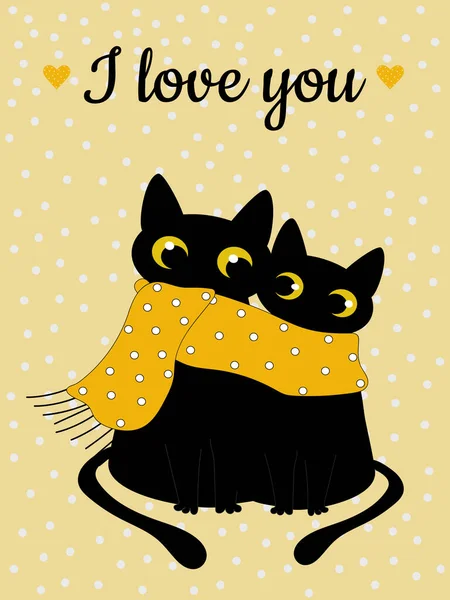 Des Chats Noirs Amoureux Cœur Jaune Pois Carte Voeux Pour — Image vectorielle