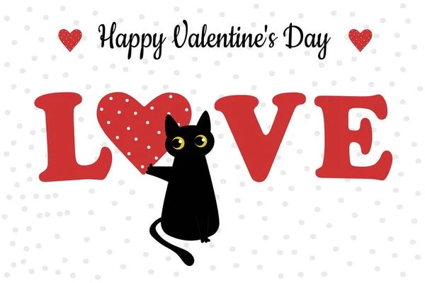 Beyaz Arka Planda Benekli Siyah Kedi Kırmızı Kalp Sevgililer Günü — Stok Vektör