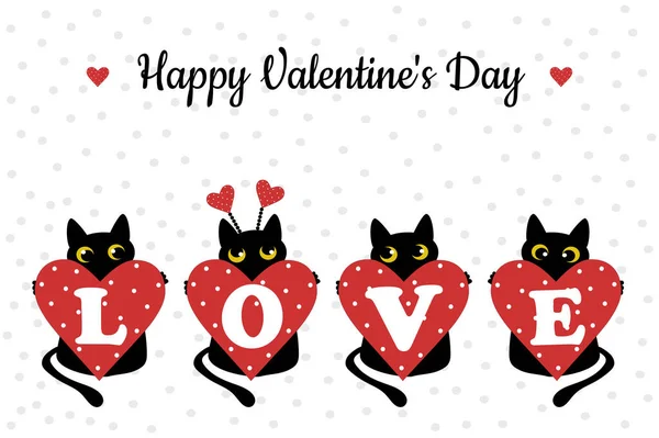 Beyaz Arka Planda Benekli Siyah Kedi Kırmızı Kalp Sevgililer Günü — Stok Vektör
