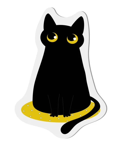 Naklejka Czarny Zabawny Kot Żółtym Dywanie Białym Tle Postaci Naklejki — Wektor stockowy