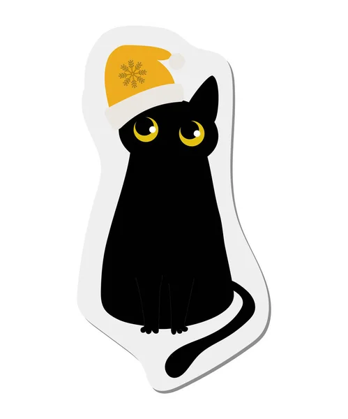 Pegatina Gato Negro Divertido Sombrero Amarillo Navidad Con Copo Nieve — Archivo Imágenes Vectoriales