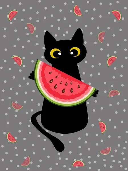 Black Cat Holding Piece Watermelon Its Paws Gray Background White — Stock vektor