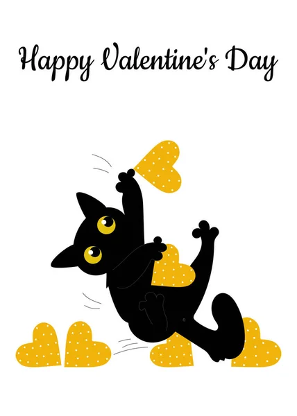 Black Cat Yellow Heart Polka Dots Valentine Day Greeting Card — Stock Vector