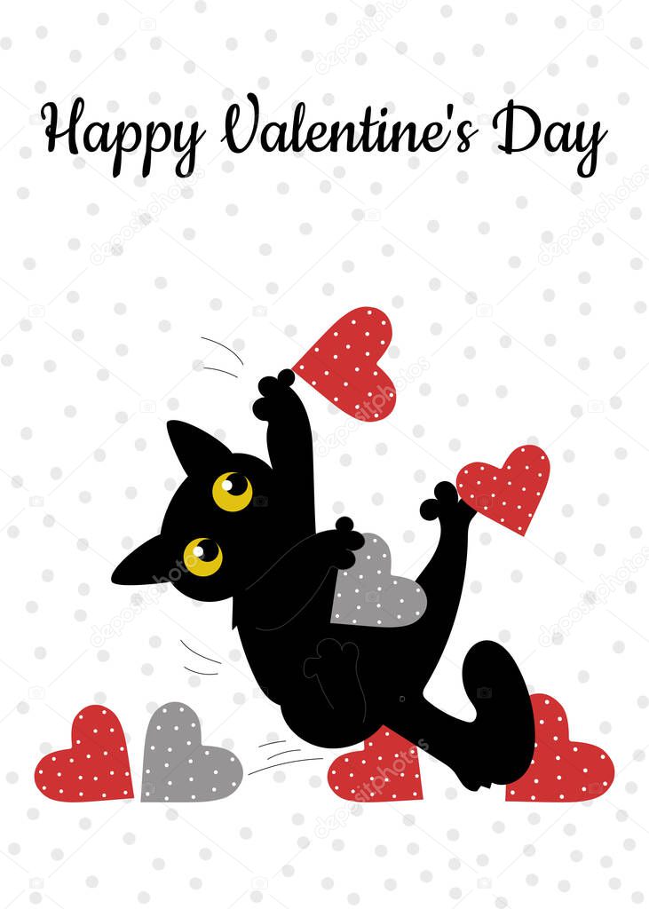 Black cat and a red heart with polka dots. Valentine's Day greeting card. Pattern for fashion prints on cups, textiles, clothes, notebooks. Vector illustration.