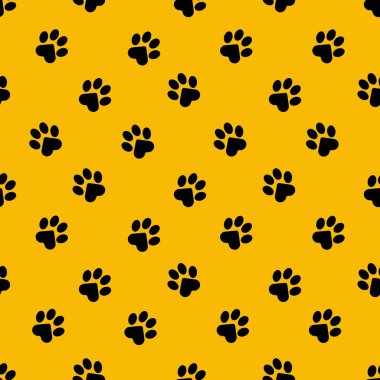 Moda baskıları, çarşaflar, tekstil ürünleri, kumaşlar, ambalaj kağıtları için sarı arka planda kedi pençesi izleri olan kusursuz desen. Vektör illüstrasyonu.