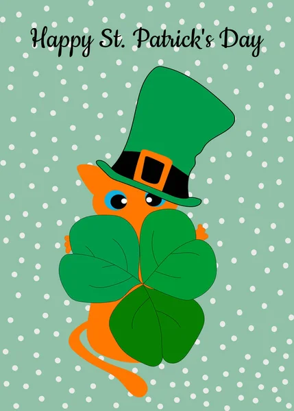 Ginger Cat Green Irish Hat Shamrock Its Paws Patrick Day — Stock Vector
