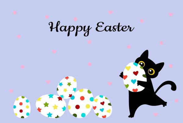 Greeting Card Colored Eggs Blue Background Happy Easter Black Cute — Image vectorielle