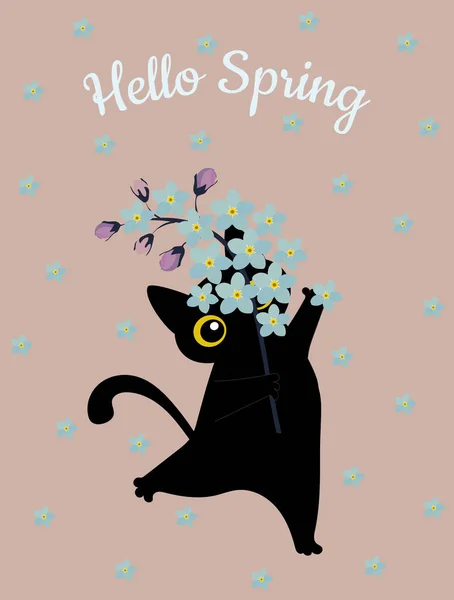 Весенняя Открытка Hello Spring Черный Смешной Кот Букетом Голубых Забытых — стоковый вектор