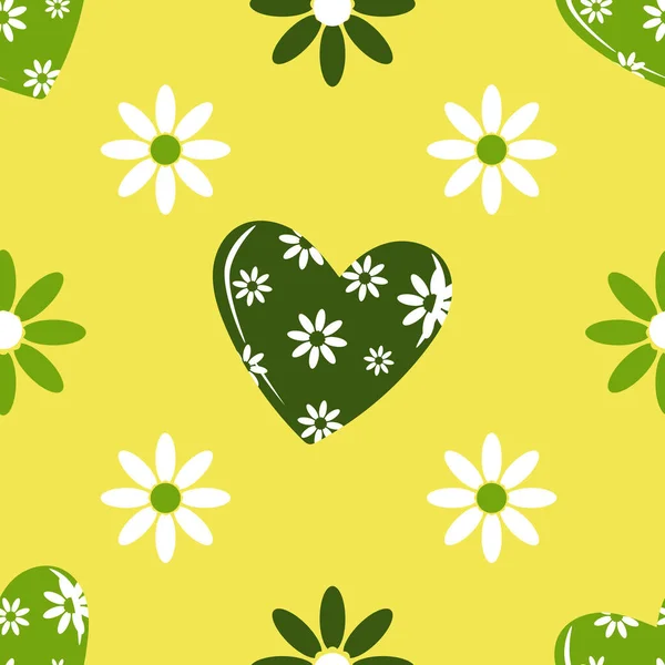 Зеленый Безгерметичный Узор Сердец Цветов Праздничной Романтической Оберточной Бумаги Текстиля — стоковый вектор