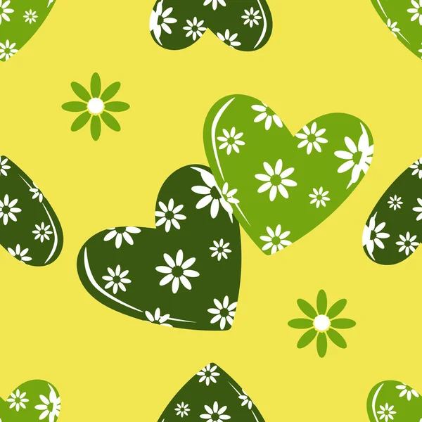 Zelený Bezešvý Vzor Srdcí Květin Pro Slavnostní Romantický Balicí Papír — Stockový vektor
