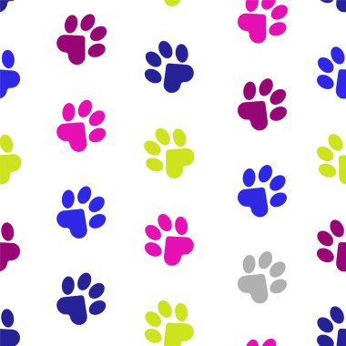 Paws of a cat, dog, puppy. Seamless colored animal footprint pattern for bedding, fabrics, backgrounds, websites, postcards, baby prints, wrapping paper. Vector graphics.