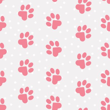 Paws of a cat, dog, puppy. Seamless pink animal footprint pattern for bedding, fabrics, backgrounds, websites, postcards, baby prints, decorative pillow, wrapping paper. Light gray. Vector.