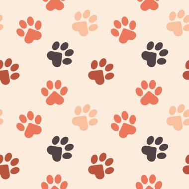 Kedi pençeleri, köpek, köpek. Pembe arka planda çok renkli evcil hayvan izleri. Modaya uygun kumaşlar, veteriner kliniği afişleri, hayvanlar için dekoratif yastıklar. Vektör.