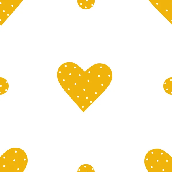 バレンタインデーのトレンディーなプリントのための黄色のポルカドットハートとシームレスなパターン お祝いの紙 ベッドリネンのためのテンプレート ベクターイラスト — ストックベクタ