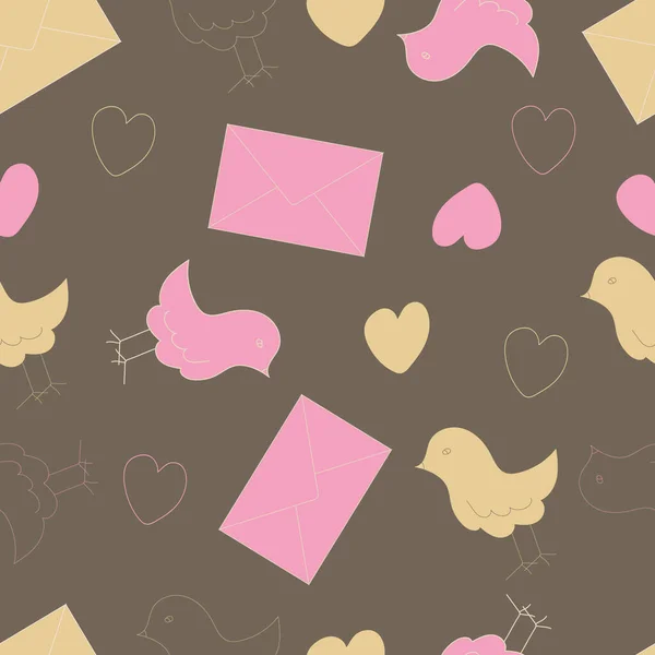 Trendy Seamless Pattern Pink Beige Envelopes Letters Birds Dove Festive — Stock Vector