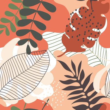 Tropikal egzotik yaprakların kusursuz deseni. Dekoratif yastıklar, moda kumaşlar, iç tasarım için güzel bir bitki kompozisyonu. 
